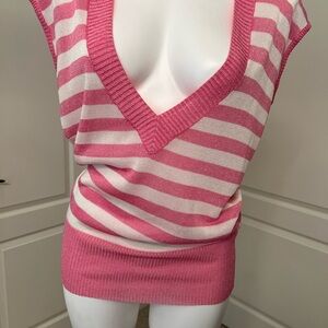 Cache V-Neck Sweater in Pink and Cream Stripes with silver metallic